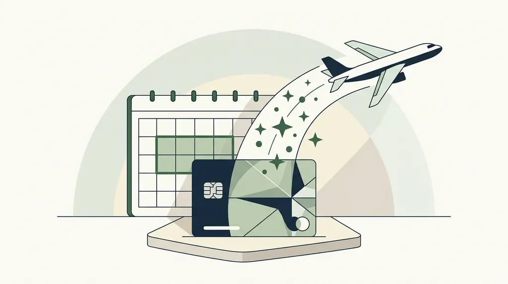 Kreditkort på en plattform med kalender och flygplan, illustration till Amex Members Month