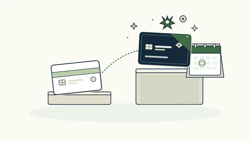 Ett enklare kort lyfts upp till ett högre kort på en högre nivå, illustration till uppgradering av Amex-kort