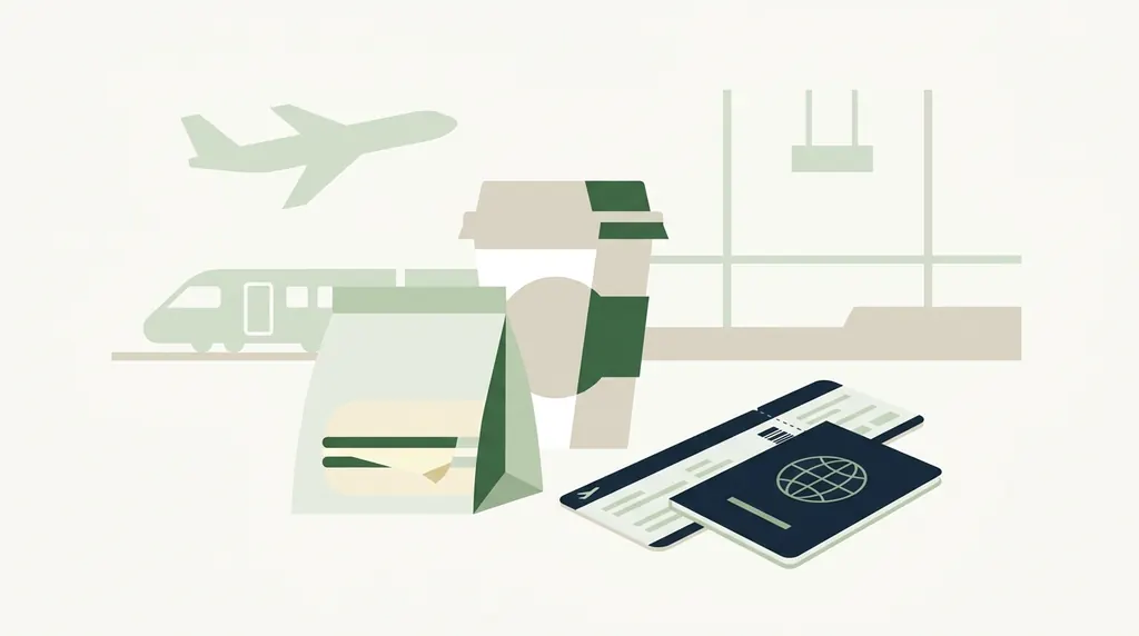 Matpåse, kaffekopp, boardingkort och pass på flygplats, illustration till Amex International Lounge on-the-go
